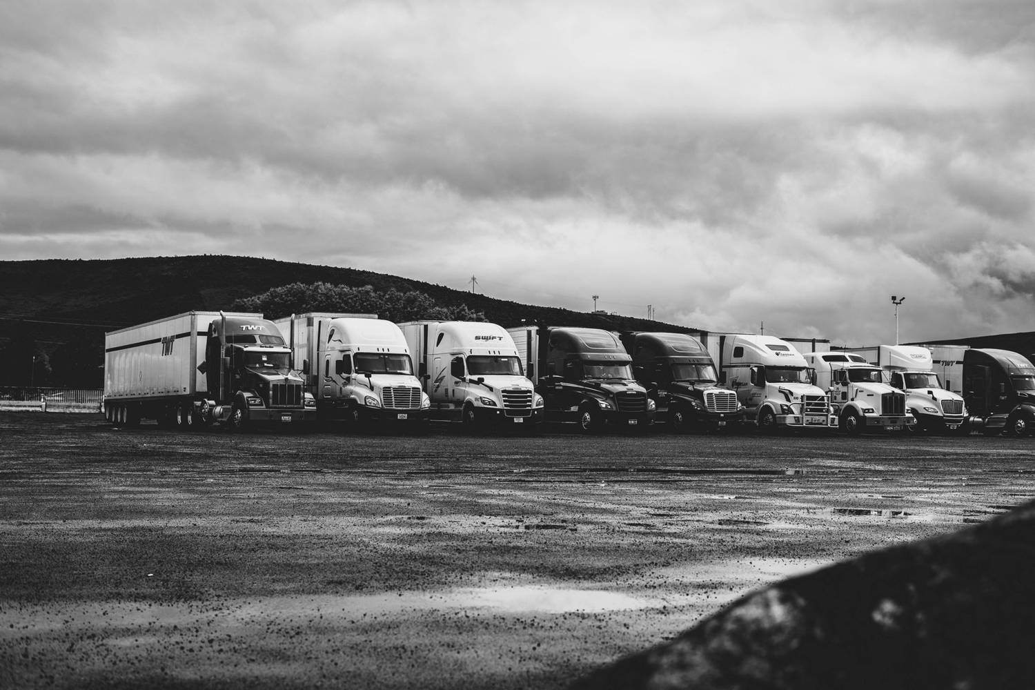 Row of parked semi trucks